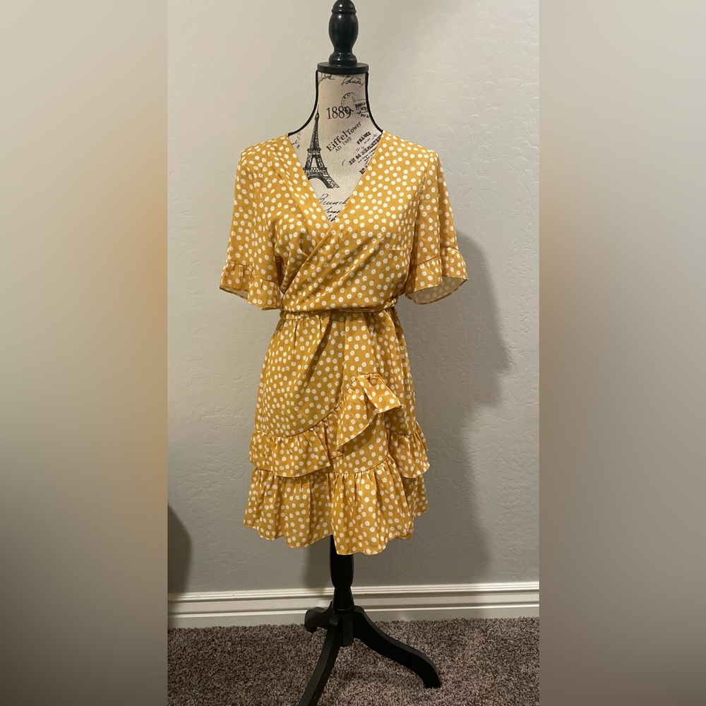 Polka Dot Wrap Mini Dress - Yellow